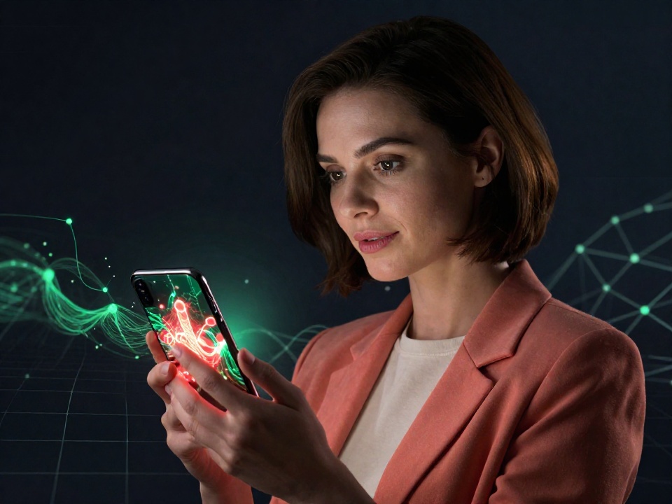 Привлекательная женщина со смартфоном на фоне абстрактной визуализации блокчейна TRON — символ экономии на комиссиях через аренду энергии