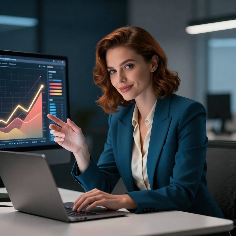 Элегантная женщина-специалист анализирует данные SEO на ноутбуке в современном офисе — выбор правильной CMS для роста сайта в поиске