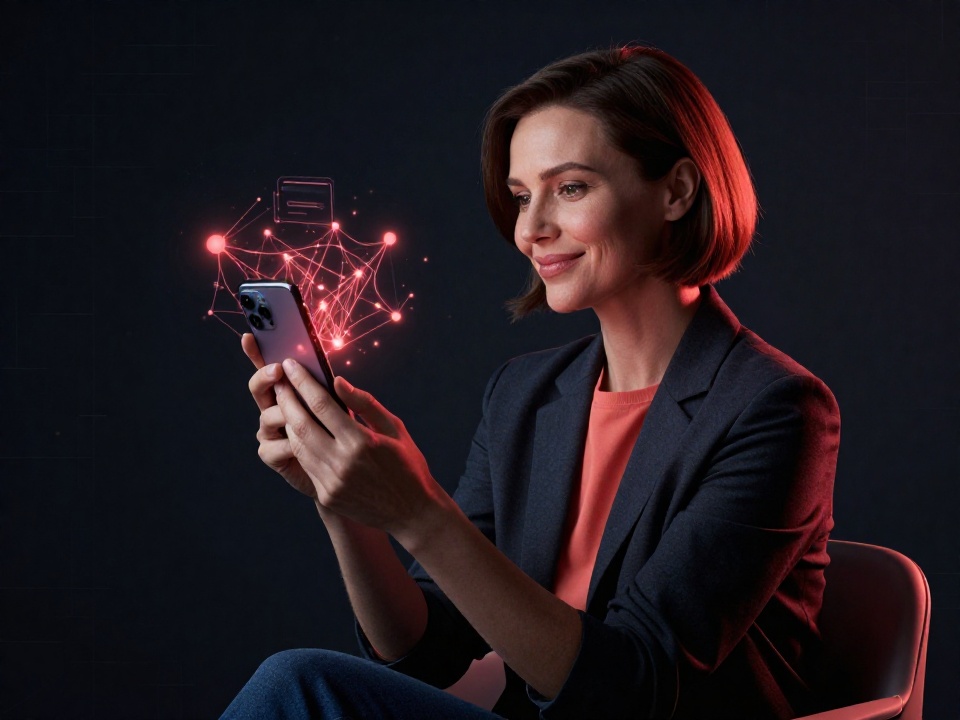 Женщина изучает платформу аренды энергии TRON на смартфоне, абстрактная визуализация блокчейн-сети с светящимися узлами